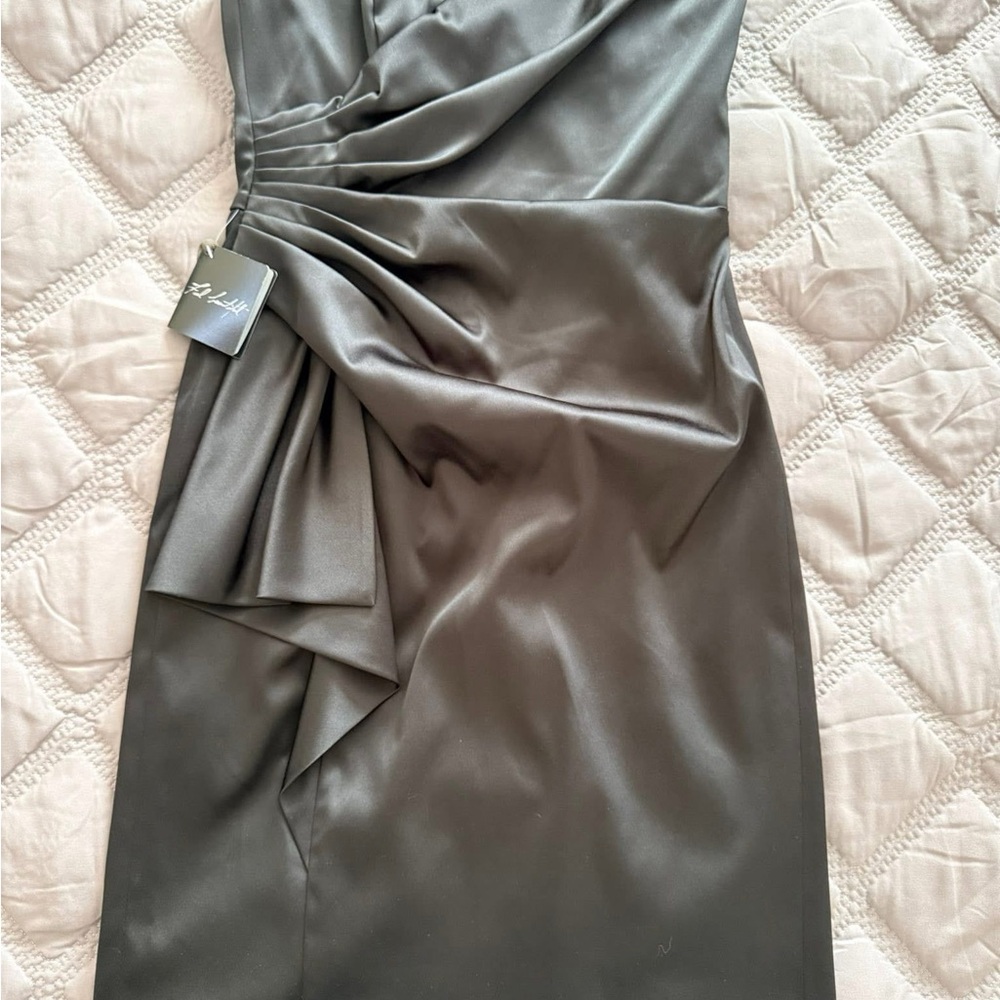 White House Black Market One-Shoulder Black Satin Dress